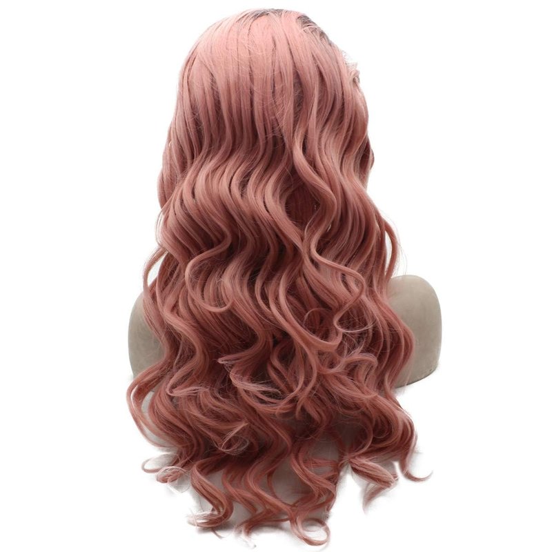 Long Wavy Pink Lace Front Wig - Dark Root Synthetic Hair | Half Hand Tied Design