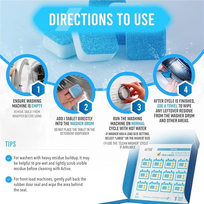 Washing Machine Cleaner Descaler 12 Pack - Deep Cleaning Tablets For HE Front Loader & Top Load Washer, Septic Safe Eco-Friendly Deodorizer, Clean Inside Drum and Laundry Tub Seal - 12 Month Supply(3C