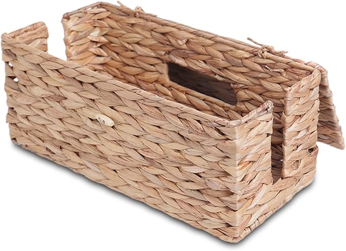 KWEEHAWTI Cable Management Box, Cord Hider Organizer Box with Lid 2-Pack,2 Side Open Slots Handwoven Water Hyacinth Storage Box for Power Strips, Floor, Desk, Office