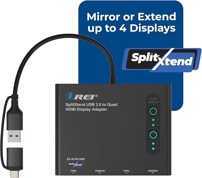 OREI SplitExtend HDMI Splitter Extended Display for Quad Monitor - Laptop Multiple Monitor Adapter with 4 Displays - USB-C to HDMI Adapter, 2X 4K@30Hz & 2X 1080p - Drivers Required - Windows/Mac