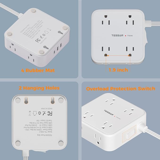 TESSAN Surge Protector Power Strip, 15 Ft Flat Plug Extension Cord with 3 USB (1 USB C 20W PD) 8 Outlets, 1250W, 900J Protection, 3 Sided Outlet Extender with Power Switch for Office, Dorm Room, White