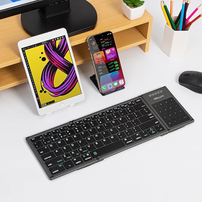 DELUX Full Size Folding Keyboard 78 Keys, Wireless Bluetooth Keyboard with 2-in-1 Touchpad, Portable Travel Multi-Device and Multi-System (KF17)