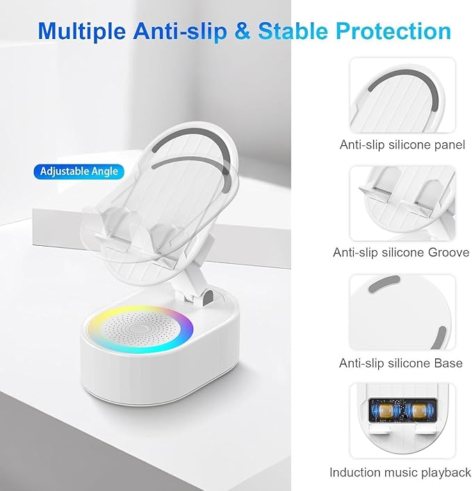 AKLLCCR Wireless Induction Audio Bluetooth Speaker 5in1 Phone Holder Emergency Rechargeable (3000mAh) with Colorful Ambient Light 300° Foldable for Tablet iPhone Android, Gifts for Men Women (White)
