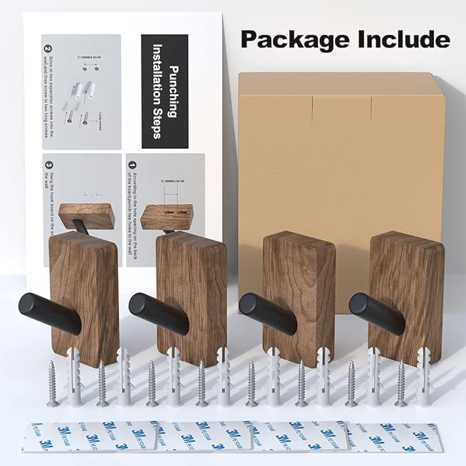 IURRDOP 4 PCS Black Walnut Wood Wall Hooks, Adhesive Mounted & Wall Mounted Rustic Decorative Entryway Hooks, Mid Century Modern Natural Wooden Pegs for Hanging Coat Clothes Hat Bag Purse and Towel