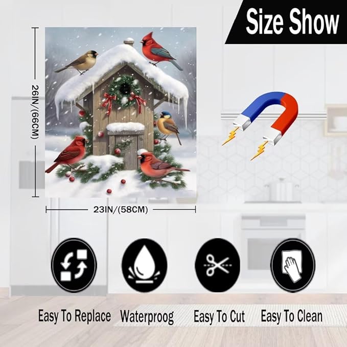Winter Birds Dishwasher Cover Skin Panel Decal Christmas Decorated Birdhouse Fridge Door Cover Winter Snow Scene Vinyl Sticker for Dishwasher, 23 in x26 in Ordinary