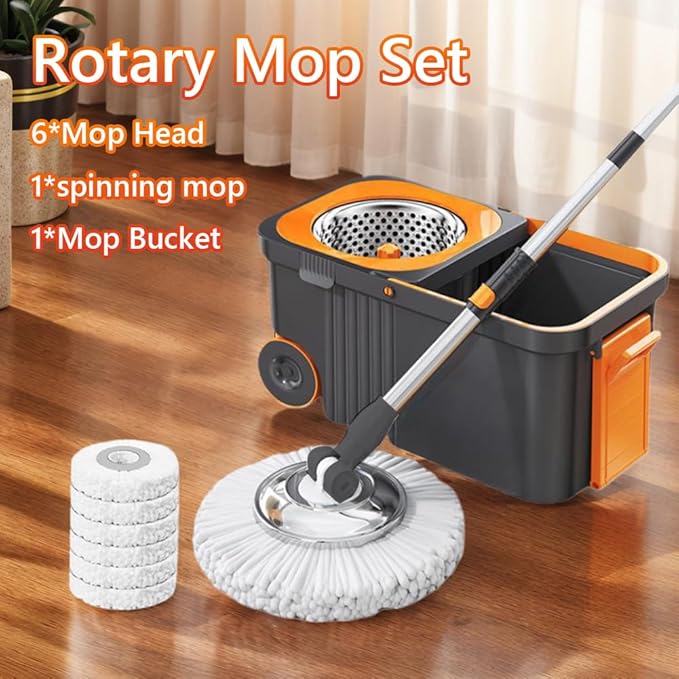 360 Spinning Floor Cleaning System with 6 Extra Refills Heads Extended Handle Household Cleaning Automatic Cleaning with Bucket for Household Floor Cleaning (Grey Orange)