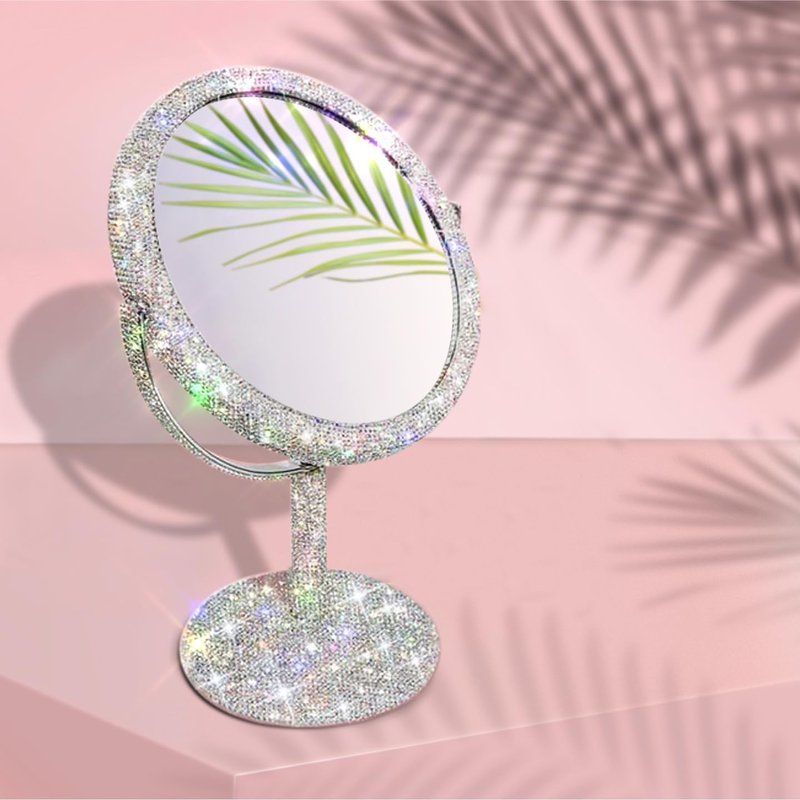 TISHAA Bling Makeup Vanity Mirror - Luxury Stand Double-Sided Regular Glass Mirror, Crystal Rhinestone Diamond Glitter, Portable for Desk, Bathroom, Bedroom, Tabletop (White Regular Lens Version)