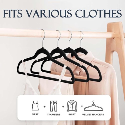 HOUSE DAY Black Velvet Hangers - 60P Set with 20P Leggings Organizer Clips - Premium Quality