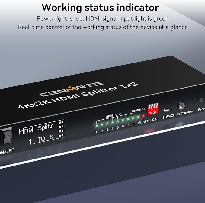 CENMATE 4K 1x8 HDMI Splitter 1 in 8 Out, 8 Port HDMI Splitter Support 4Kx2K@30Hz Duplicate/Mirror, HDM 1.4, EDID, HDCP, 3D Video Play for Projector, HDTV