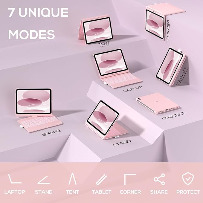 typecase Touch iPad 11th 10th Generation Case with Keyboard (11" 2025, A16 & 10.9" 2022) – 360° Rotatable, 11-Color Backlit, Multi-Touch Trackpad, Pencil Holder, Thin & Light – Light Pink