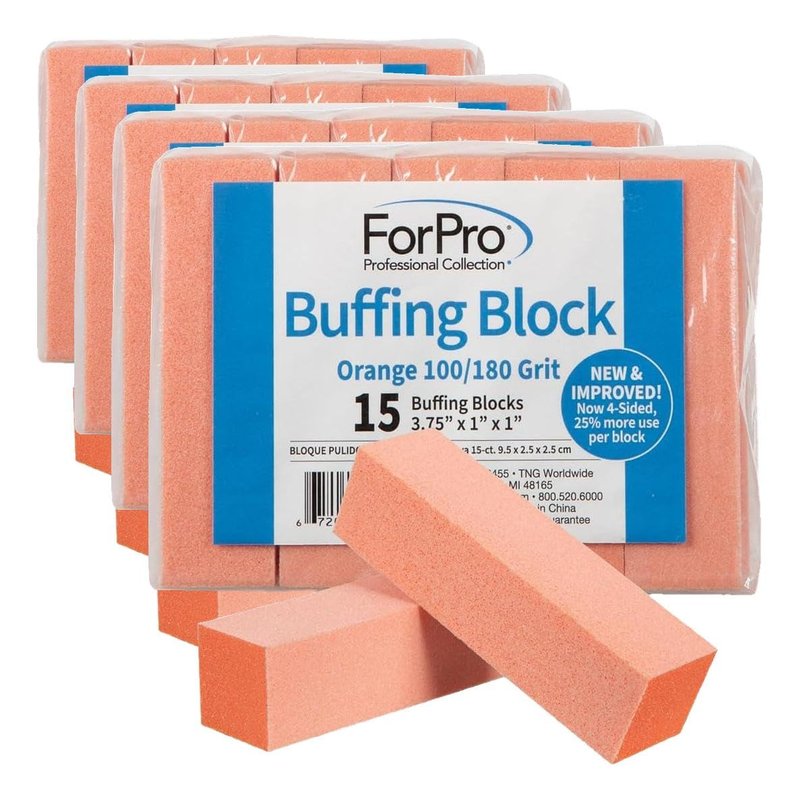 ForPro Buffing Block, Orange, 100/180 Grit, Three-Sided Manicure and Pedicure Nail Buffer, 3.75” L x 1” W x 1” H, 15-Count (Pack of 4)