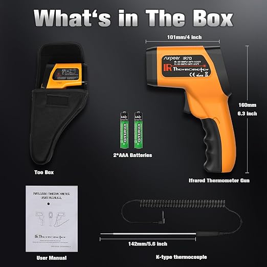 Surpeer Infrared Thermometer Temperature Gun, Non-Contact Digital Laser Temp -58°F to 1472°F, K-Type Probe -58°F to 572°F, for Cooking, Pizza Oven, BBQ, HVAC, Home & Industrial