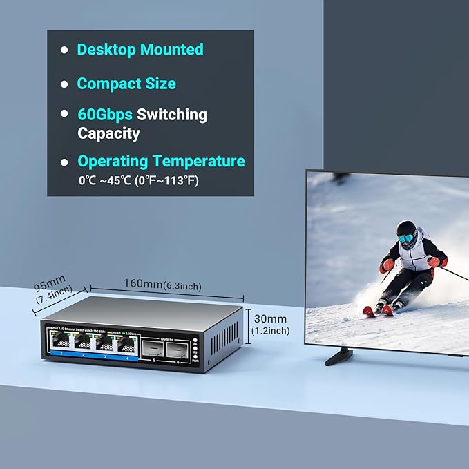 GiGaPlus 6 Ports 2.5Gb Unmanaged Ethernet Switch with 4* 2.5G Base-T Ports, 2* 10G SFP+ Ports. 2.5Gbps Network Switch for 2.5Gbps NAS/PC, WiFi6 Router, Wireless AP. Fanless Design, Plug and Play
