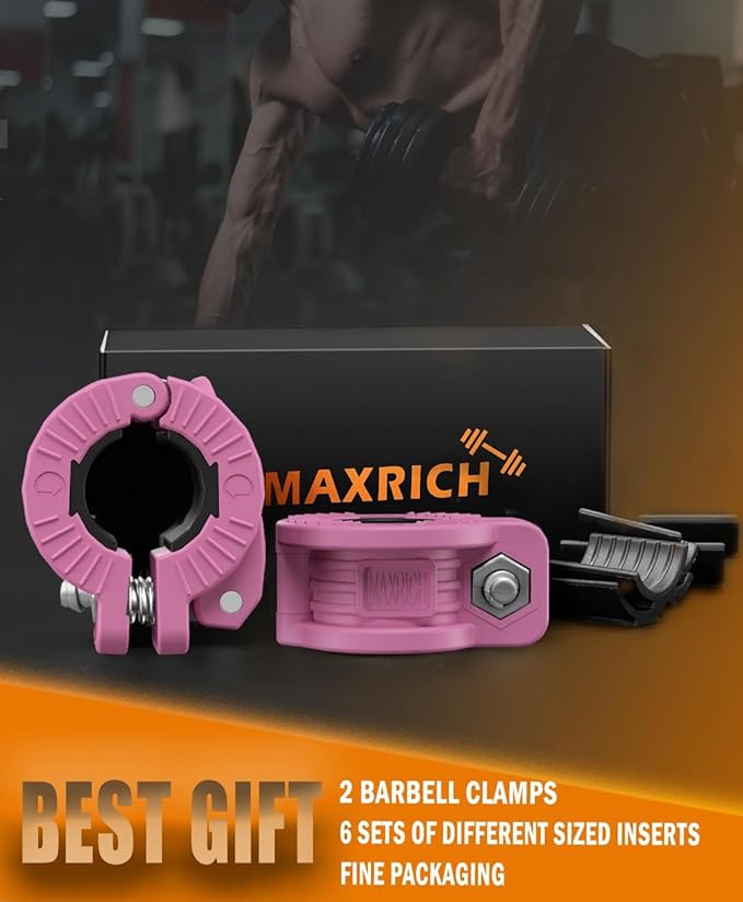 MAXRICH Barbell Clamp 1 inch Multiple Sizes & Adjustable Weight Clips for Barbell Quick Release Barbell Clips|Barbell Collar Bar Locks for Weight Lifting (PINK)