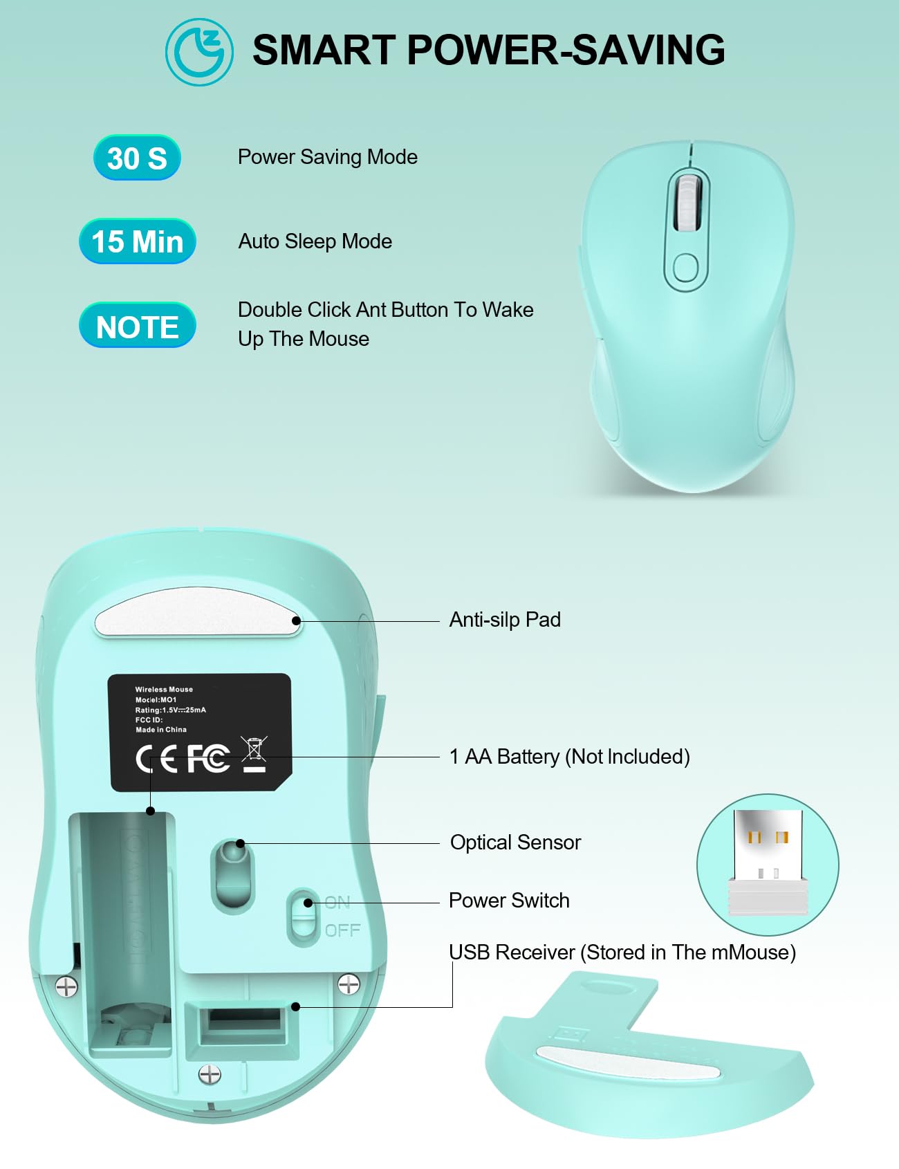 Trueque Wireless Mouse for Laptop, 2.4GHz Ergonomic Computer Mouse with Back & Forward Buttons, 3 Adjustable DPI Levels, 6 Buttons, Optical USB Cordless Mice for Windows PC, M01 (Mint Green)