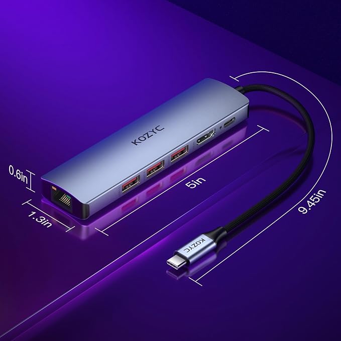 USB C Hub Ethernet, KOZYC 6-IN-1 USB C Hub with 10Gbps, HDMI 4K 60Hz, 1Gbps Ethernet, 3xUSB-A 3.2 , 100W PD Compatible with MacBook Air/Pro, XPS13/15, Dell