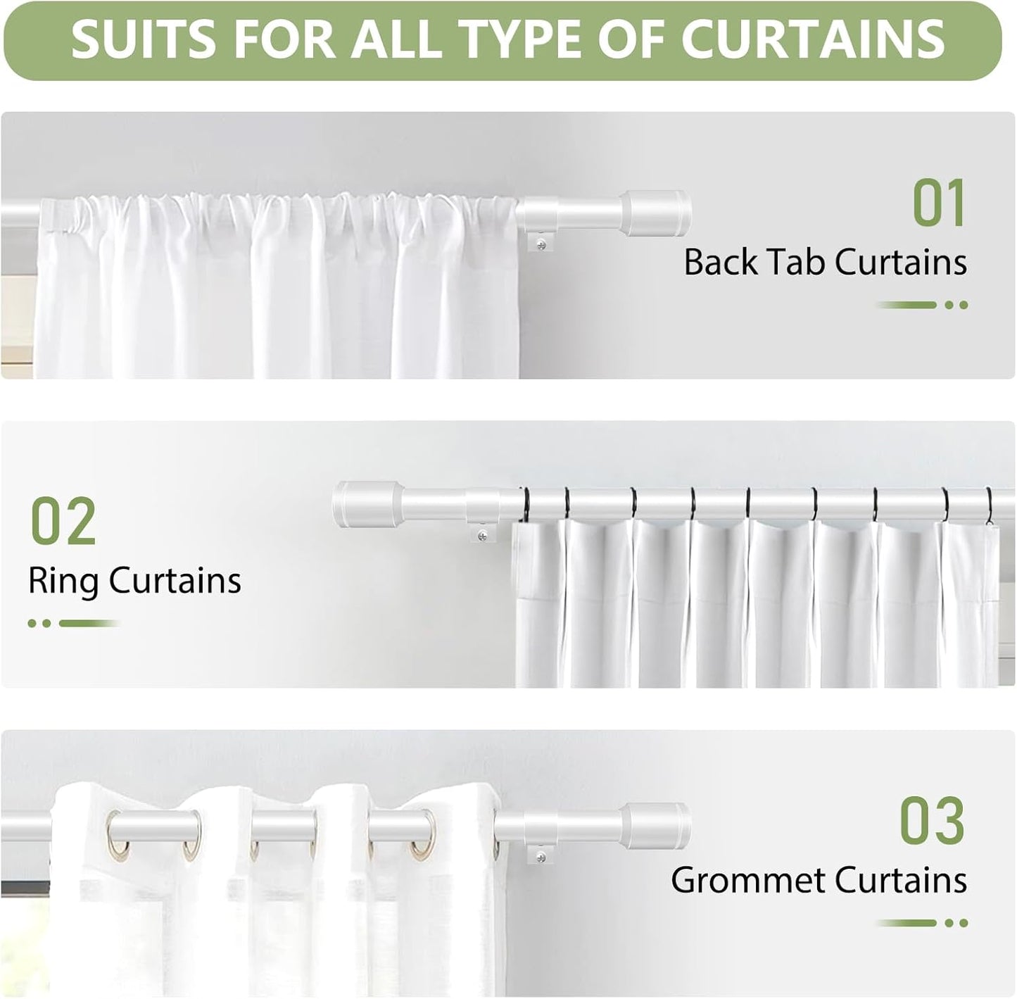 Skiennix Adjustable Curtain Rods - 5/8” Diameter, 30-60 Inch for Windows | White with Brackets