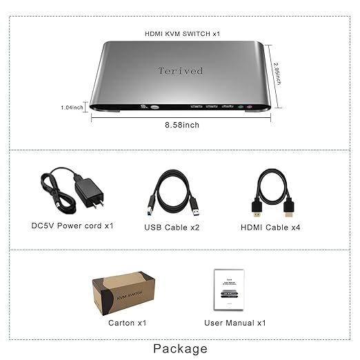 Terived 2 Computers 2 HDMI Monitors KVM Switch 4K@60Hz, Hotkey Switching, EDID, Audio and Microphone, Aluminum Alloy Shell,Digital Display, Dual Monitor USB 3.0 Hub, HDR10 with Cables