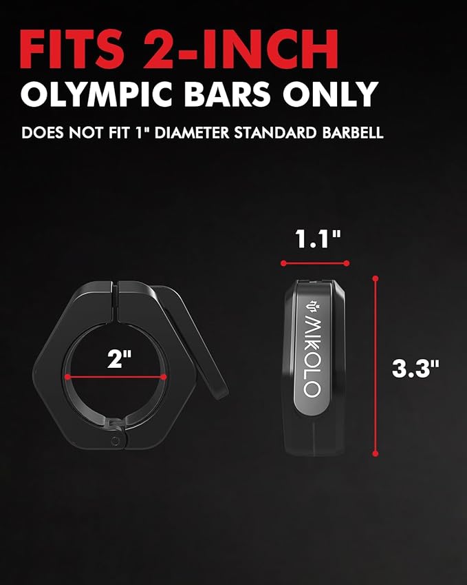 Mikolo Barbell Clamps,2-Inch Olympic Barbell Clips with Anti-Slip TPR Lining and Quick Release for Home and Gym Use(Non Magnetic Black)