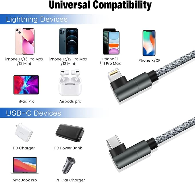 Wangmai USB C to Lightning Cable 10FT MFi Certified 90 Degree iPhone Fast Charger Nylon Braided Extra Long Charging Cord Compatible with iPhone 14/13/13 Pro Max/13 Mini/12/11/XS/XR/8/iPad 8th