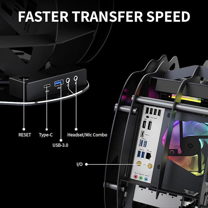 MegaPC Upgraded Open-Frame Mid-Tower Micro-ATX/Mini-ITX Gaming PC Case, Tempered Glass Side Panel, Pre-Installed ARGB PWM Fan, with USB3.0, Type-C, 240mm Radiator Support (Upgrade Black)