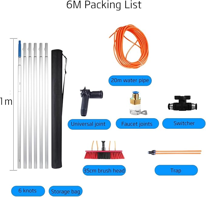 Water Fed Window Cleaning Pole Water Supply hosee and Soap Dispenser, Telescopic Hose Fed, Gutters Conservatory Extendable Extended Brush Kit Telescopic Brush 6poles 35brush Head