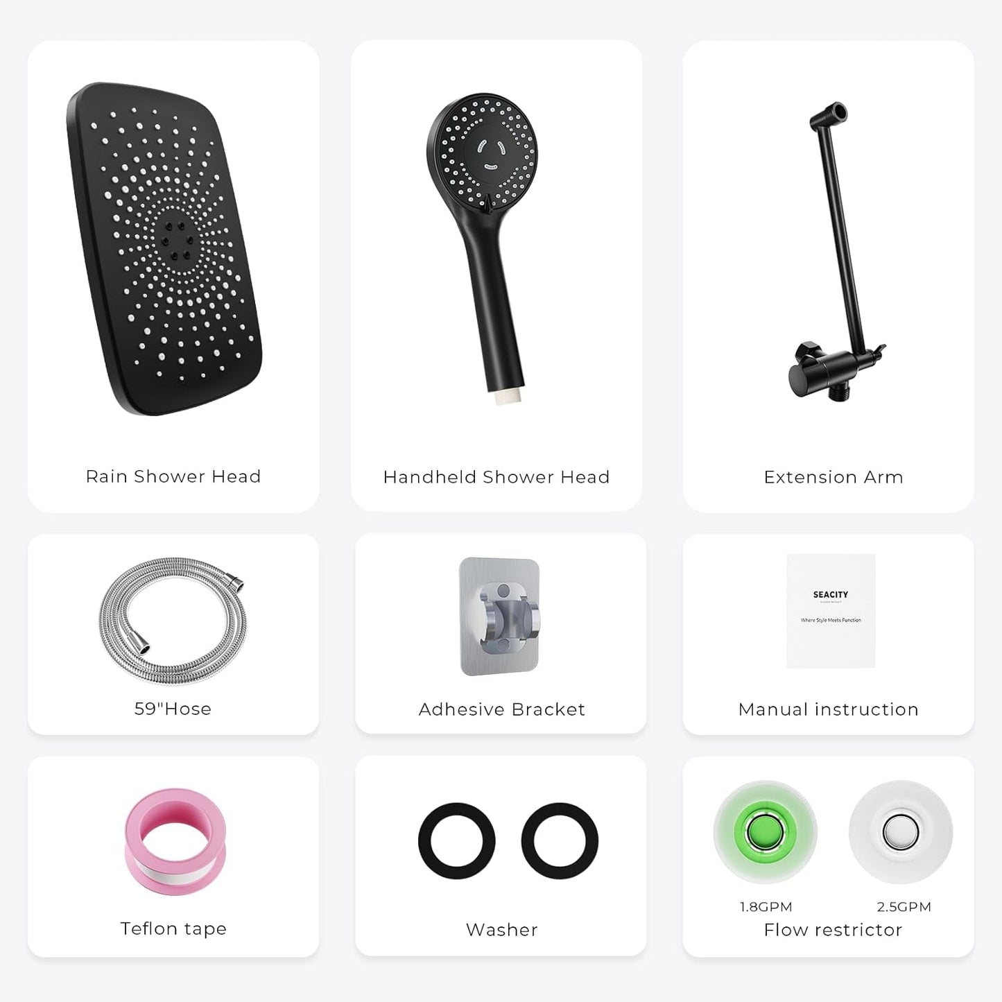 Skiennix Wide Rain Shower Head - 5 Modes Handheld Showerhead Combo | High Pressure, Adjustable, Anti-Clog Nozzles (Black)