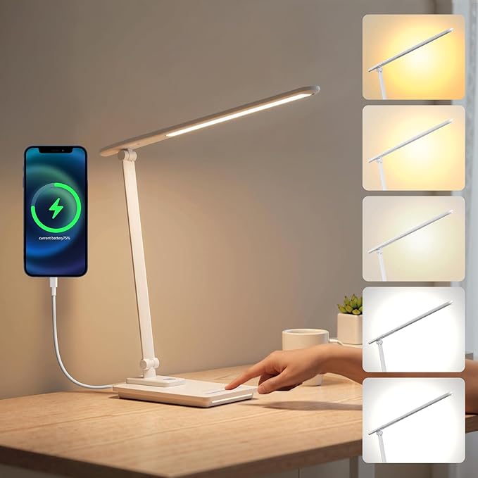 TECHNOVA LED Desk Lamp with 5 Color Temperatures | Sliding Stepless Dimming & One-Touch Timer | Foldable & Portable Design for Office/Study/Nail Art | Four-Axis Rotation for Small Desks