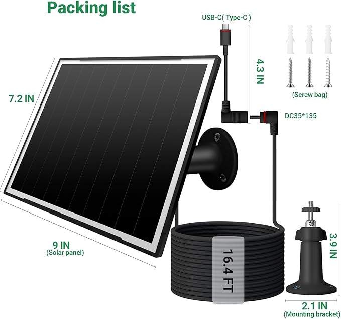 2 Pack Solar Panel for Ring Camera/Wyze Cameras, 8W Solar Charger Compatible with Stick Up Cam Pro/Plus & Spotlight Cam (Battery) Plus/Pro - Waterproof, 16ft Long Cable, DC3.5mm & USB C Ports, Black
