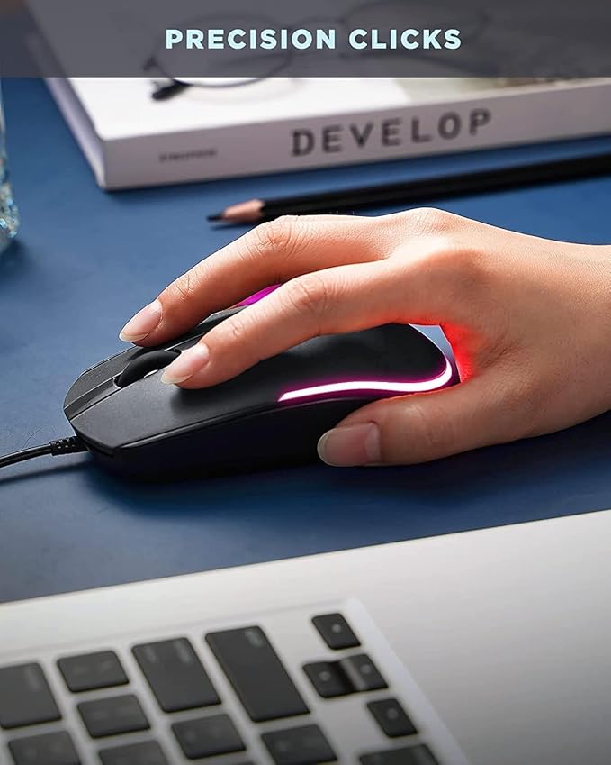 seenda Wired Mouse - USB Corded Mouse with Colorful RGB Backlit, Plug and Play, 1600 DPI Optical Tracking,Silent Computer Mouse for Laptop, PC, Chromebook, Desktop, Office, School, Home, Black
