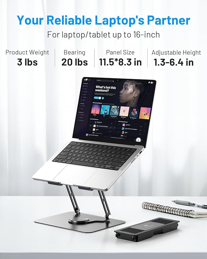 Metfut Laptop Cooling Pad with Detachable Fan & Cooler, Adjustable Height & Angle, 360 Rotation Base, Ultra-Quiet, Carbon Steel Framework for MacBook, ASUS, Dell 10-16” Laptop for Tablet, DJ Mixer