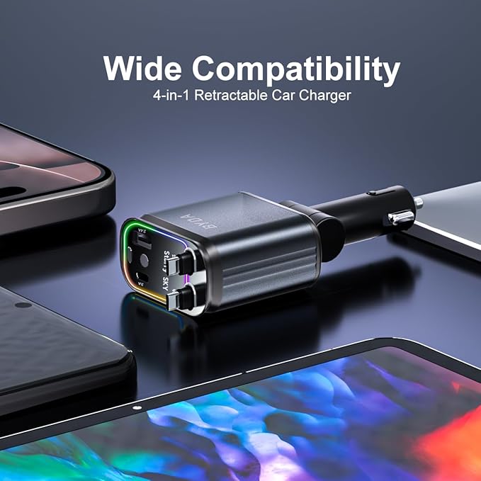 4 in 1 Retractable Car Charger with Starry Light,69W USB-C Fast Car Charger, for iPhone 17/16/15/14/13/12/11, Android,Pixel,Cigarette Lighter Charger (Lightning+USB-C & PurpleLight)