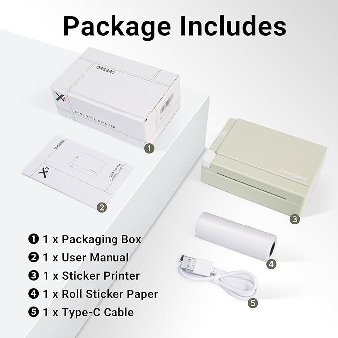 ORGBRO Sticker Printer Machine, X3 Mini Printer Print Pods Portable Thermal Inkless Sticker Maker, 2-3 Inch 300 DPI Bluetooth Pocket Printers for Smartphones, Notes, Journal, Photos, DIY, Kids Gift
