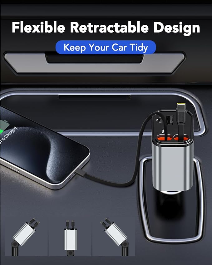 Retractable Car Charger,Car Phone Charger USB C Fast Charge,Cigarette Lighter USB Charger Car Accessories for Women,Road Trip Essentials Gift for Men,Car Charger for iPhone 17/16/15,Galaxy S26,Pixel