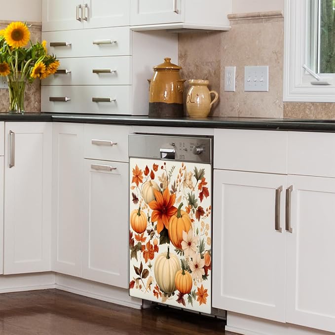 Dishwasher Magnet Cover Fall Pumpkins Flower Leaves Reusable Dishwasher Magnetic Cover Sticker Decorative Dish Washer Door Cover Panel for Home Kitcen Appliance, 21x26 in
