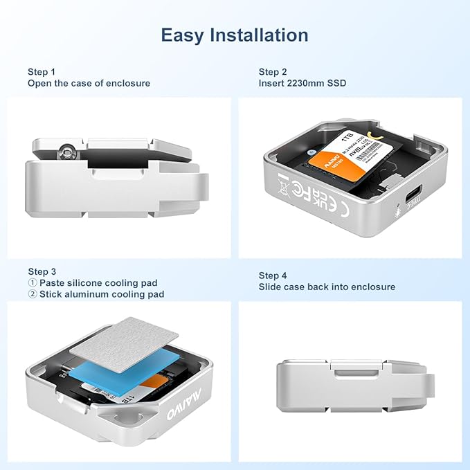 MAIWO 2230 M.2 NVMe SATA Enclosure USB3.2 Gen2 10Gbps Tool Free Aluminium Shell, Compatible with PCIe NVMe M-Key & SATA B+M Key M.2 2230 SSD, Support iPhone 15/16 Pro Max ProRes