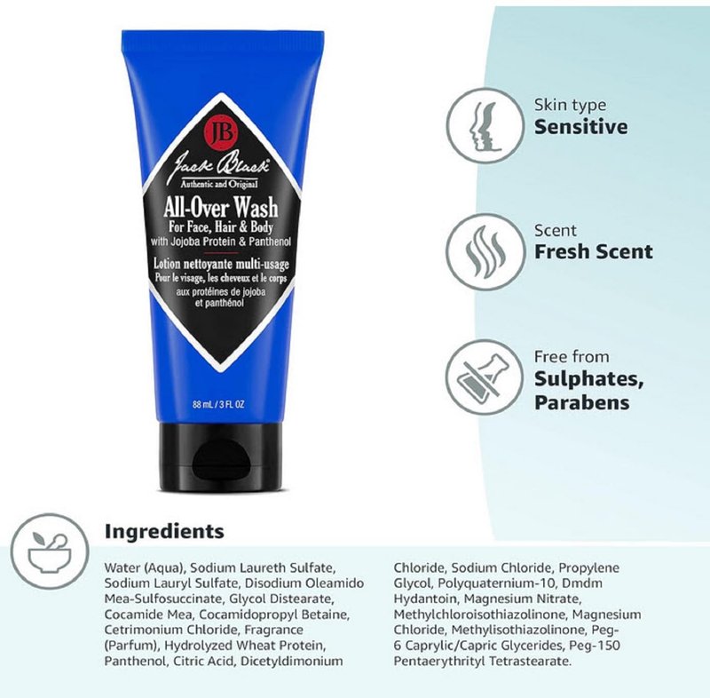 Jack Black All Over Wash Face, Body & Hair Cleanser, 3 Fl Oz – Citrus, Mint & Oakmoss – Mens Face Wash, Body Wash, Shampoo, Hair Care, Multi-Purpose Body Wash Men, Sulfate–Free, Pack of 3