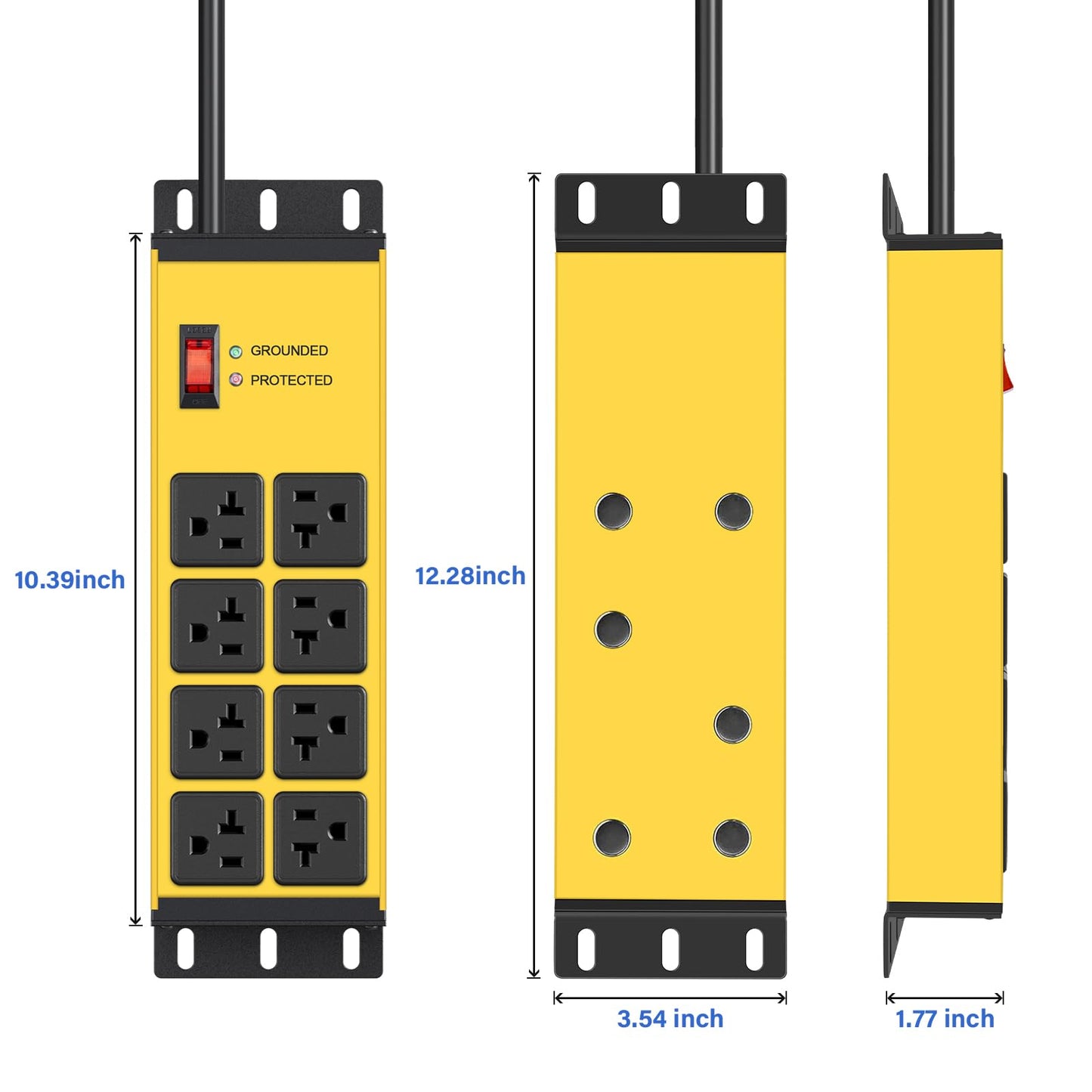 CCCEI Heavy Duty Power Strip Surge Protector 20 AMP Switch, 12 Gauge Extension Cord with Multiple Outlets, Industrial, Shop, Garage High Amp Wall Mount Electric Extender. 4FT, Yellow.