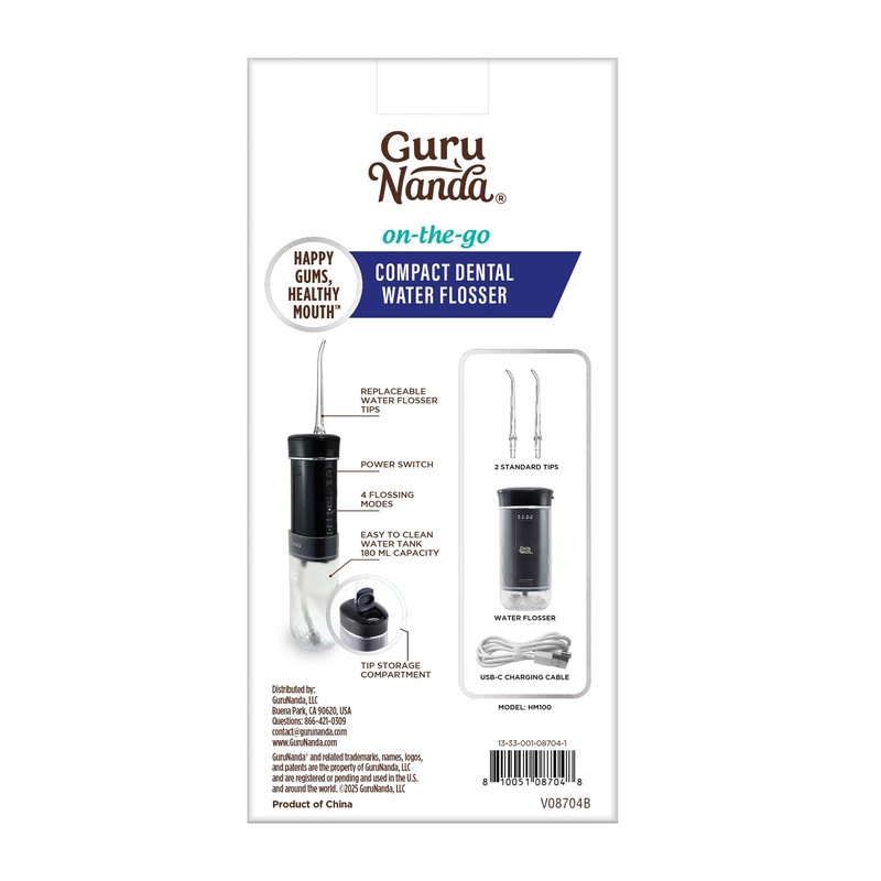 GuruNanda Compact Water Dental Flosser, Portable Travel Size Oral Irrigator Flosser with Collapsible 180 ml Tank, Smart Timer, 4 Flossing Modes, TSA-Friendly - Black