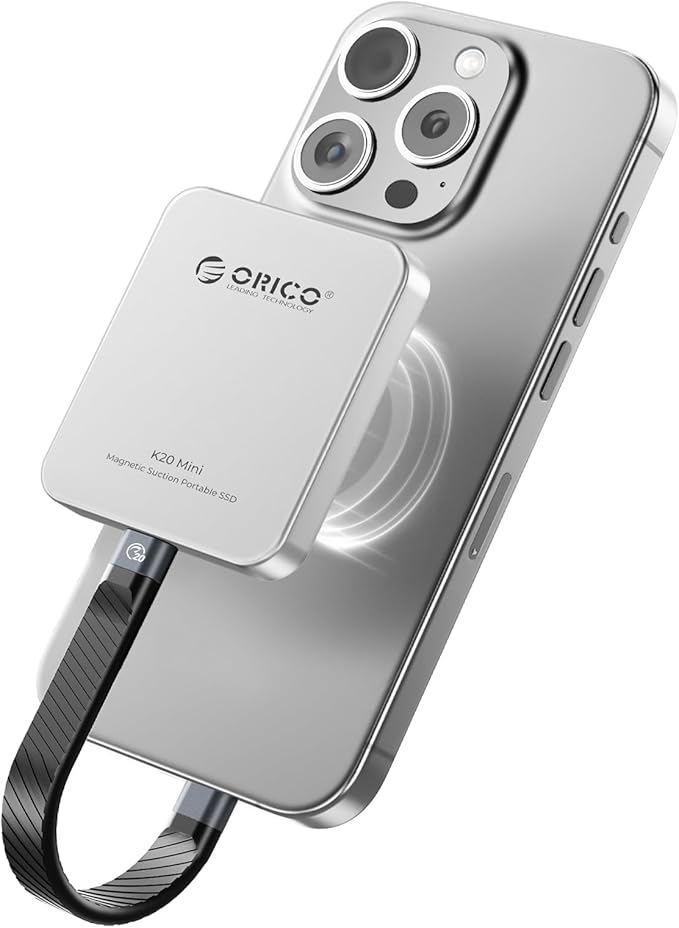 ORICO 1TB Magnetic External SSD, Aluminum Alloy, Up to 2000MB/s, 4K 120Hz ProRes HDR Record and Store, External Solid State Drive, Compatible with iPhone 17 16 Pro Max, Tablet, Computer - K20MINI