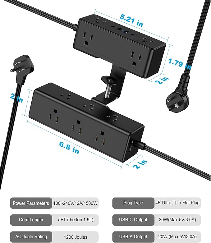 Dual Layer Desk Clamp Power Strip with 4 USB Ports(20W USB-C) & 15 AC Outlets, Desktop Edge Mount Surge Protector, Ultra Thin Flat Plug & 5FT Power Cord for Office Home(ETL Listed)