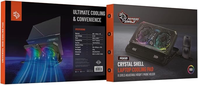 Porodo Gaming Crystal Shell Laptop Cooling Pad with Phone Holder, Dual High-Speed Fans, 8-Level Adjustable Height, RGB Lighting, Anti-Slip Base, USB-A & USB-C Ports โ Black (for 10-17โ Laptops)
