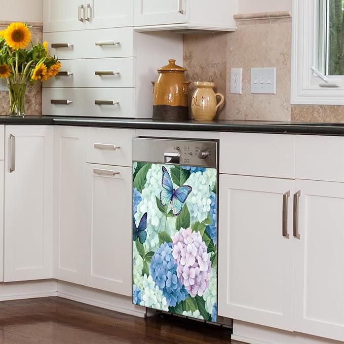 Dishwasher Magnet Cover Butterfly Hydrangea Flowers Reusable Dishwasher Magnetic Cover Sticker Decorative Dish Washer Door Cover Panel for Home Kitcen Appliance, 21x26 in