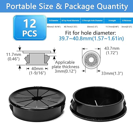 BOPOREAE 12 Pcs Cable Grommet, Snap Bushing 1-9/16" (40 mm) Mounting Diameter, Flexible Petal-Shaped Buckle Round Nylon Desk Grommet for Wires Through Countertop Cord Organizer and Protection, Black