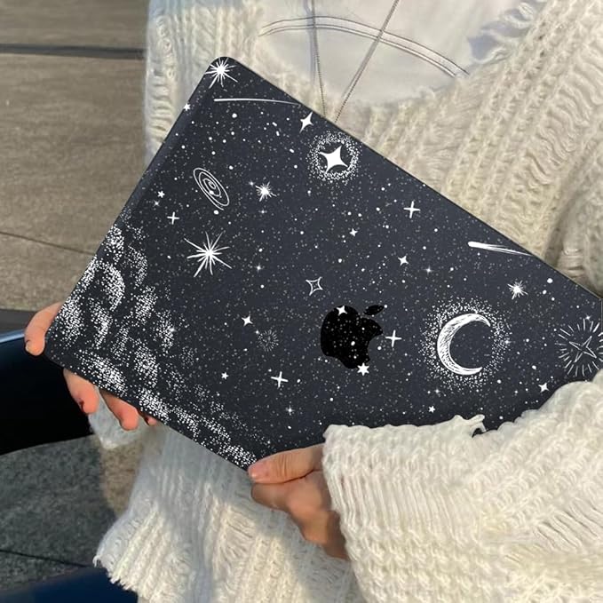 LCMOCICO for MacBook Air 13 inch Case 2021 2020 2019 2018 Release M1 A2337 A2179 A1932, Glitter Crystal Black Pritned Pattern Plastic Hard Case Cover for Mac Air 13.3" M1 Touch ID, Stars & Moon