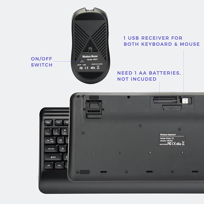 KOPJIPPOM Wireless Keyboard and Mouse Set with Quiet Keys, 2.4G Full Size Ergonomic Keyboard with Wrist Rest, Protective Covers, Soft Touch Silent Design for Windows, Computer, PC and Laptop
