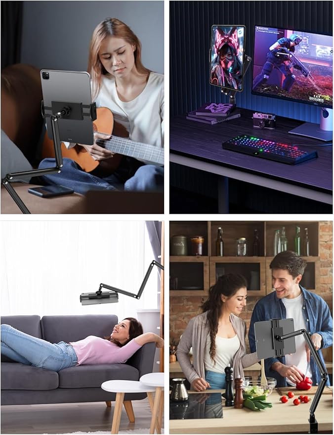 Yumecamp Triple Arm Tablet Stand, Heavy Duty Aluminum iPad Holder with Desk Clamp, 360° Rotating Mount for 4.7-15.6" iPad/iPhone/Portable Monitors – Sturdy No-Shake Design for Kitchen,Work