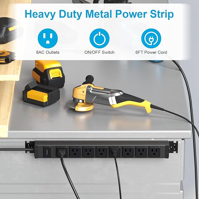 HHSOET Metal 360° Rotating Mountable Power Strip, 8 Outlet Surge Protector Power Strip, Heavy Duty Wall Mount Surge Protector with Switch,1200J,15A 125V 1875W, 6ft Power Cord.(Black)