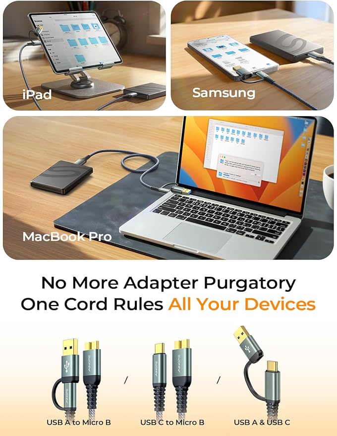 AINOPE 10Gbps Micro B to USB C, 1.5FT External Hard Drive Cable, Nylon Braided Hard Drive Cable, Compatible with MacBook Pro/Air, Tablet/iPad, WD Seagate Toshiba Westgate, Samsung Galaxy S25