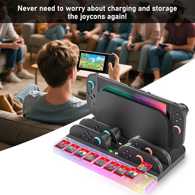 Charger Charging Dock for Nintendo Switch 2 (2025), Charging Dock Station for Joycon 2 with RGB Light Mode, 9 Game Slots, Game Accessories Storage Organizer